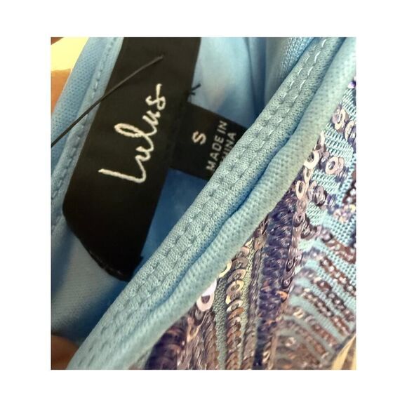 Lulus Flawless Glow Periwinkle Iridescent Sequin Lace-Up Maxi Dress Sz. S - Picture 8 of 9
